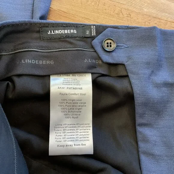J.Lindeberg Golf Work Paulie-Comfort Wool‎ Trousers EU 52 Mid Blue Virgin Wool
